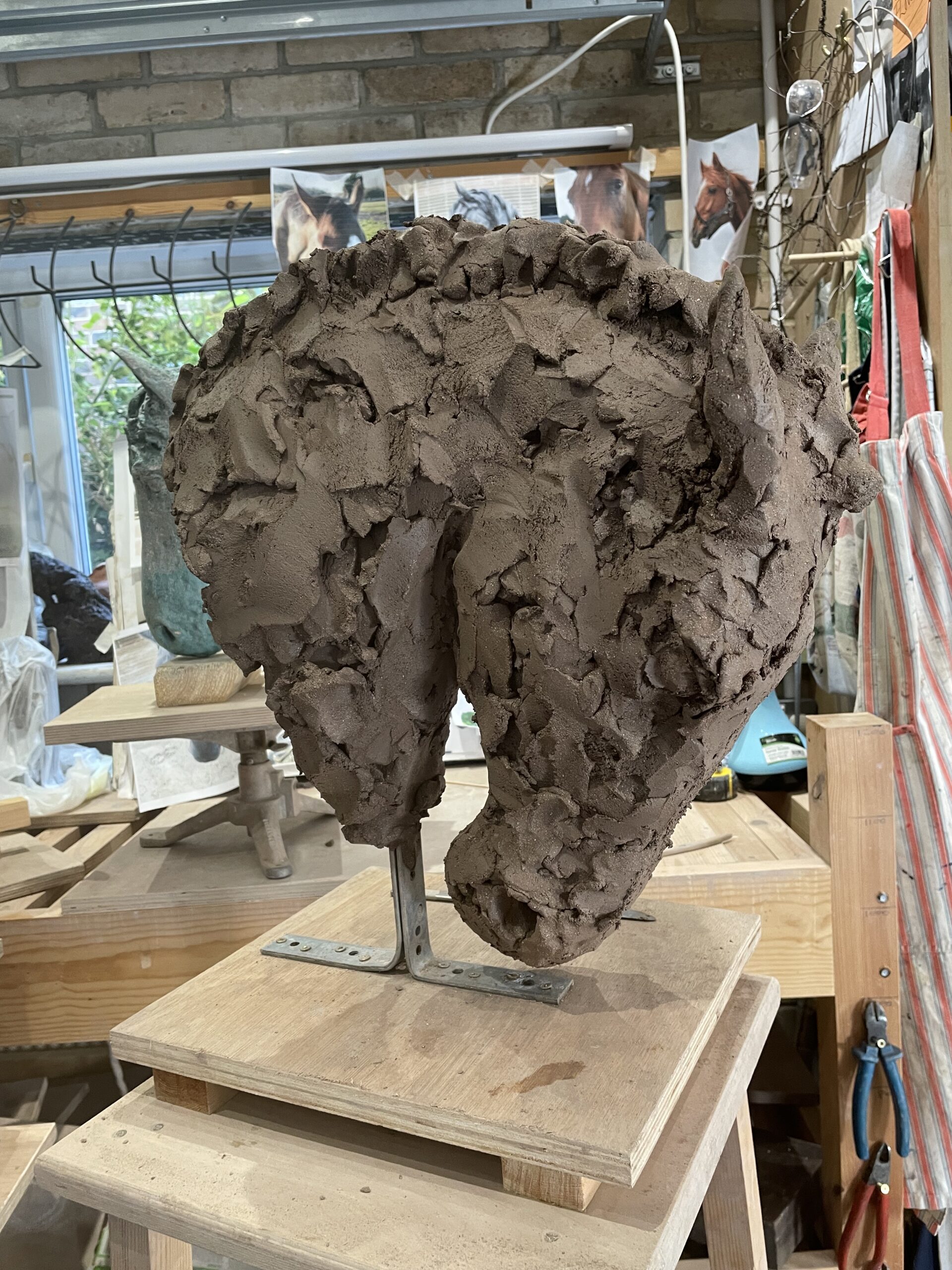 Horse's head being modelled in clay in the studio